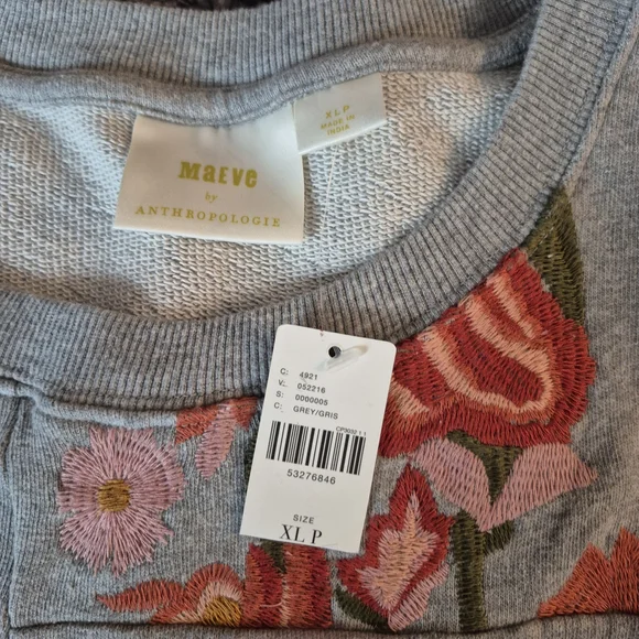 Anthropologie Grey Sweatshirt with Pink & Red Floral Embroidery - Picture 3 of 10